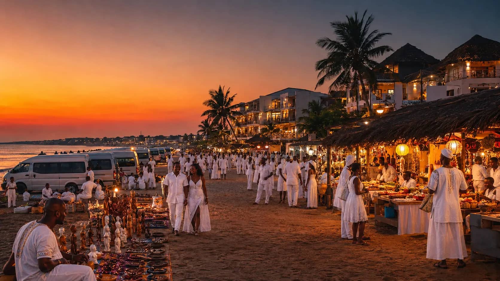 Créateurs et artisans casamançais réunis sur la plage au coucher du soleil