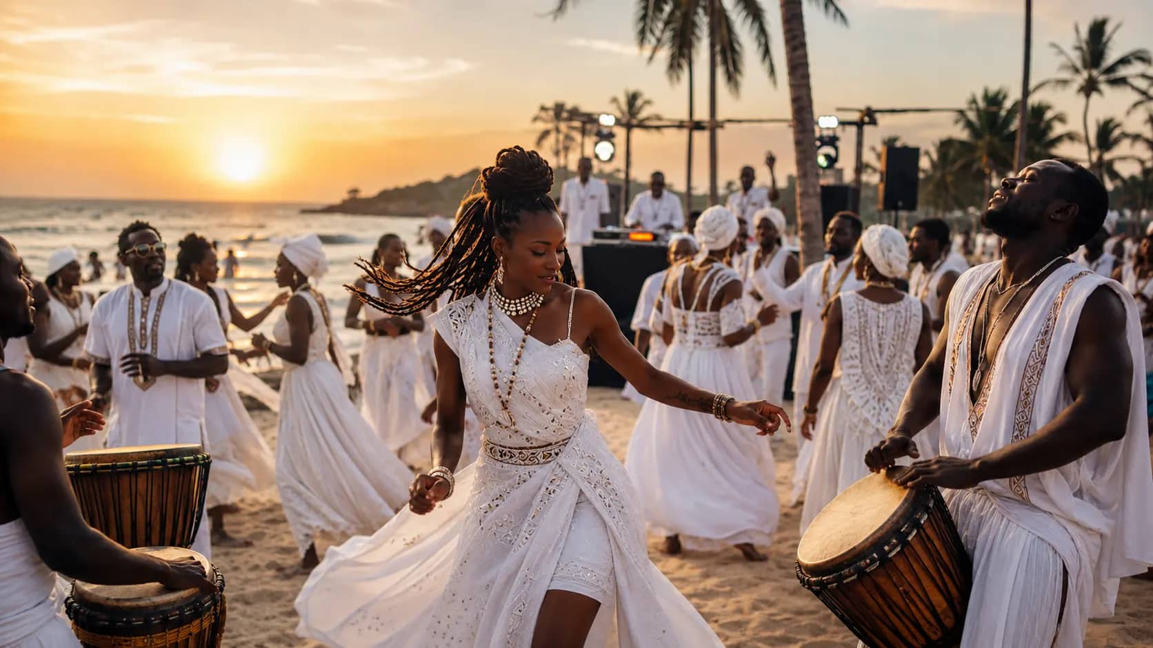 Danseuse en robe blanche entourée de percussionnistes sur la plage