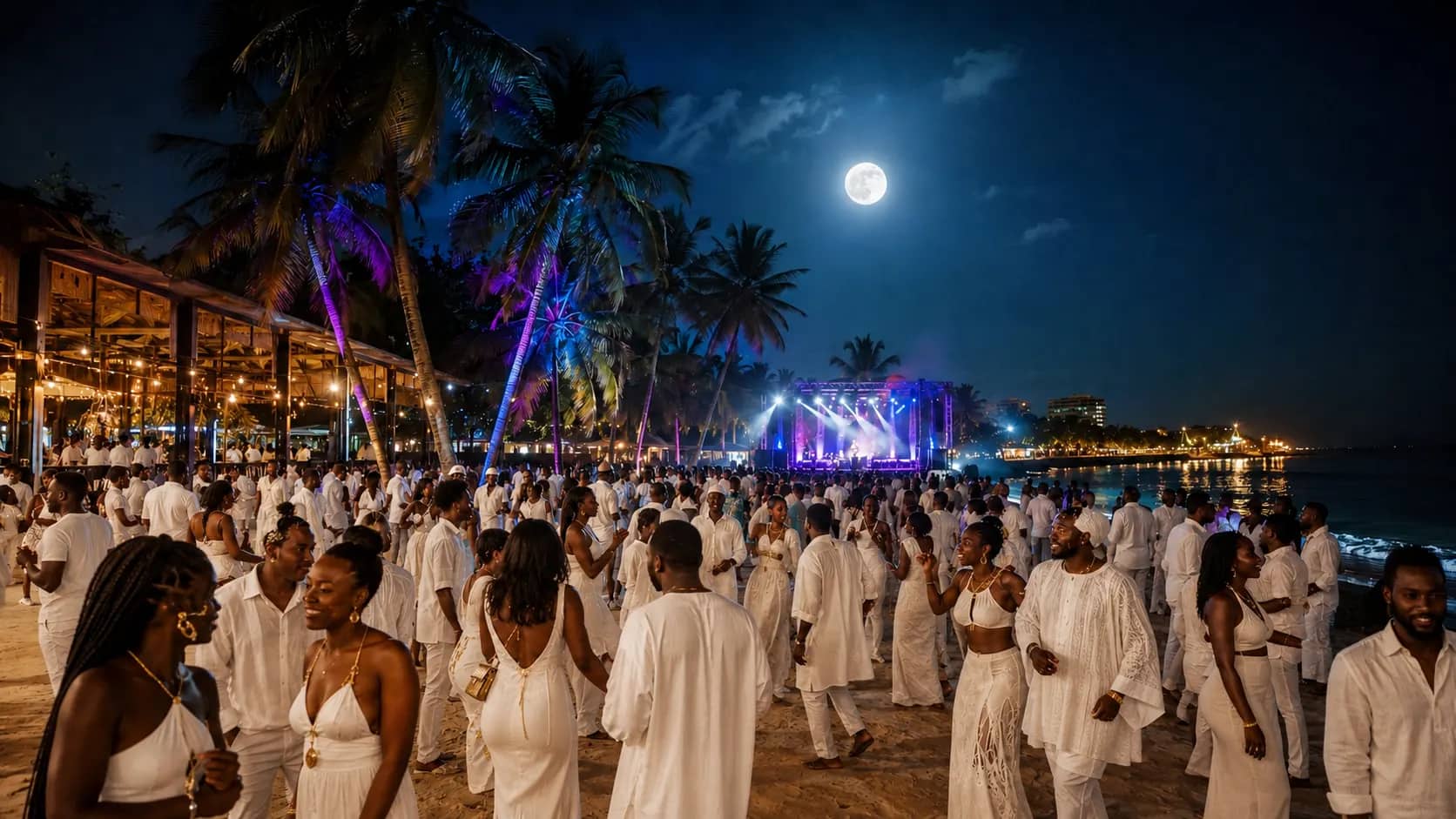 Foule en tenue blanche dansant sur la plage de Cap Skirring sous la pleine lune