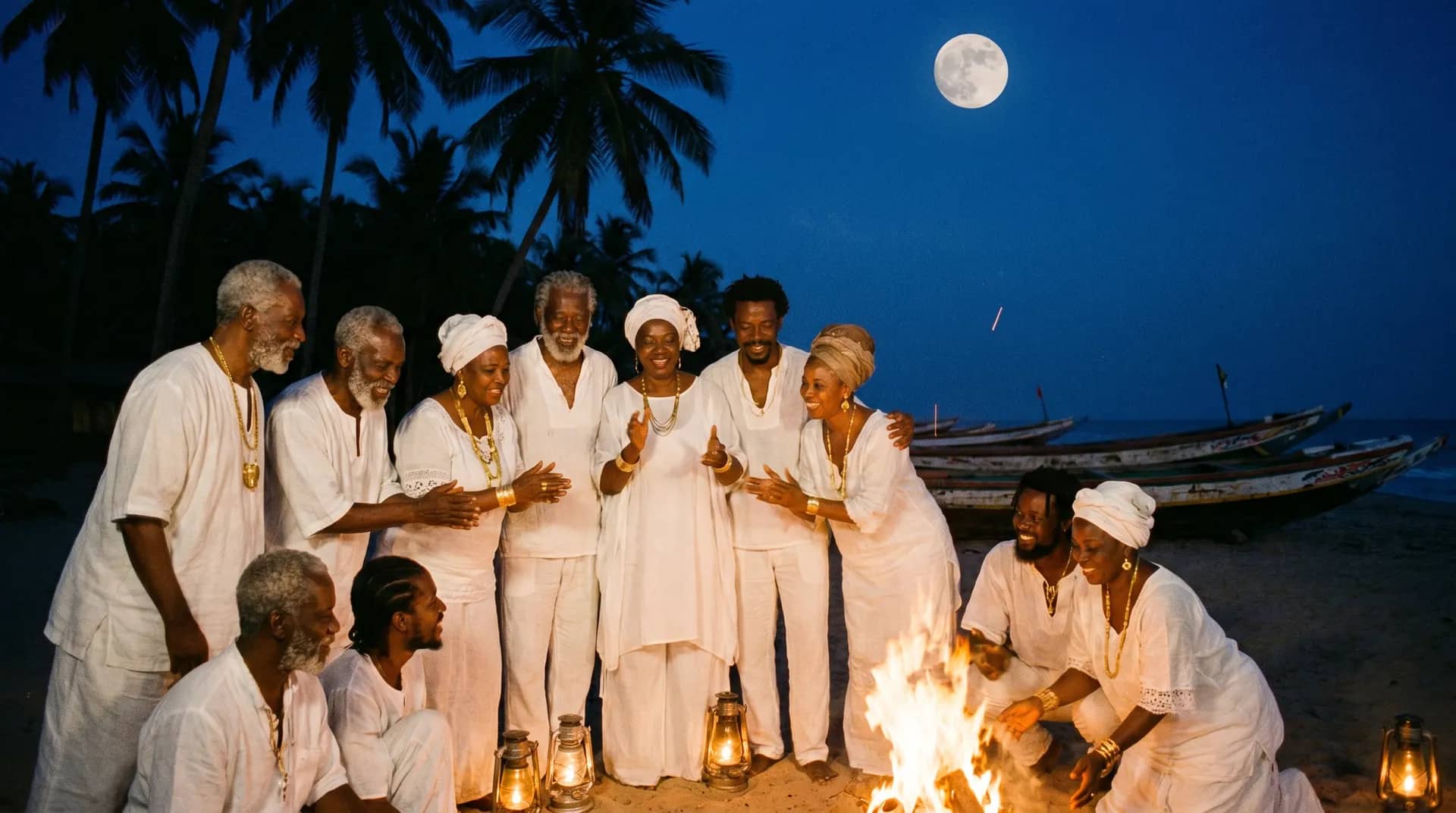 Anciens, jeunes et artisanes de Casamance réunis en tenue blanche autour d’un feu, sur la plage, sous la pleine lune