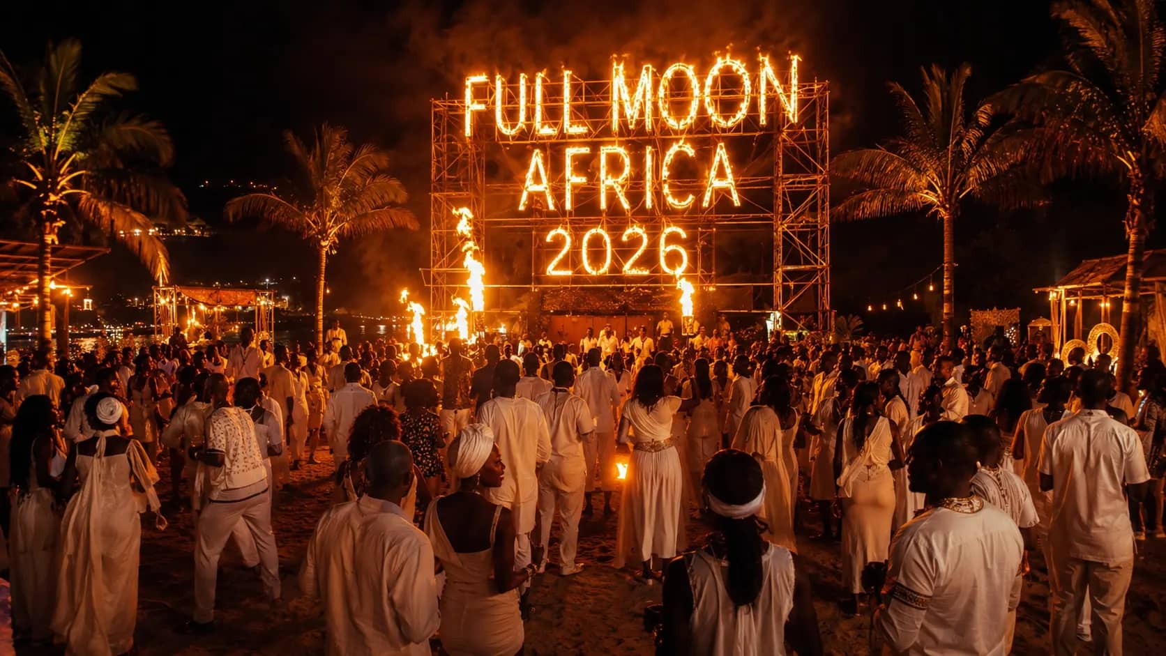 Scène et public de Full Moon Africa illuminés la nuit