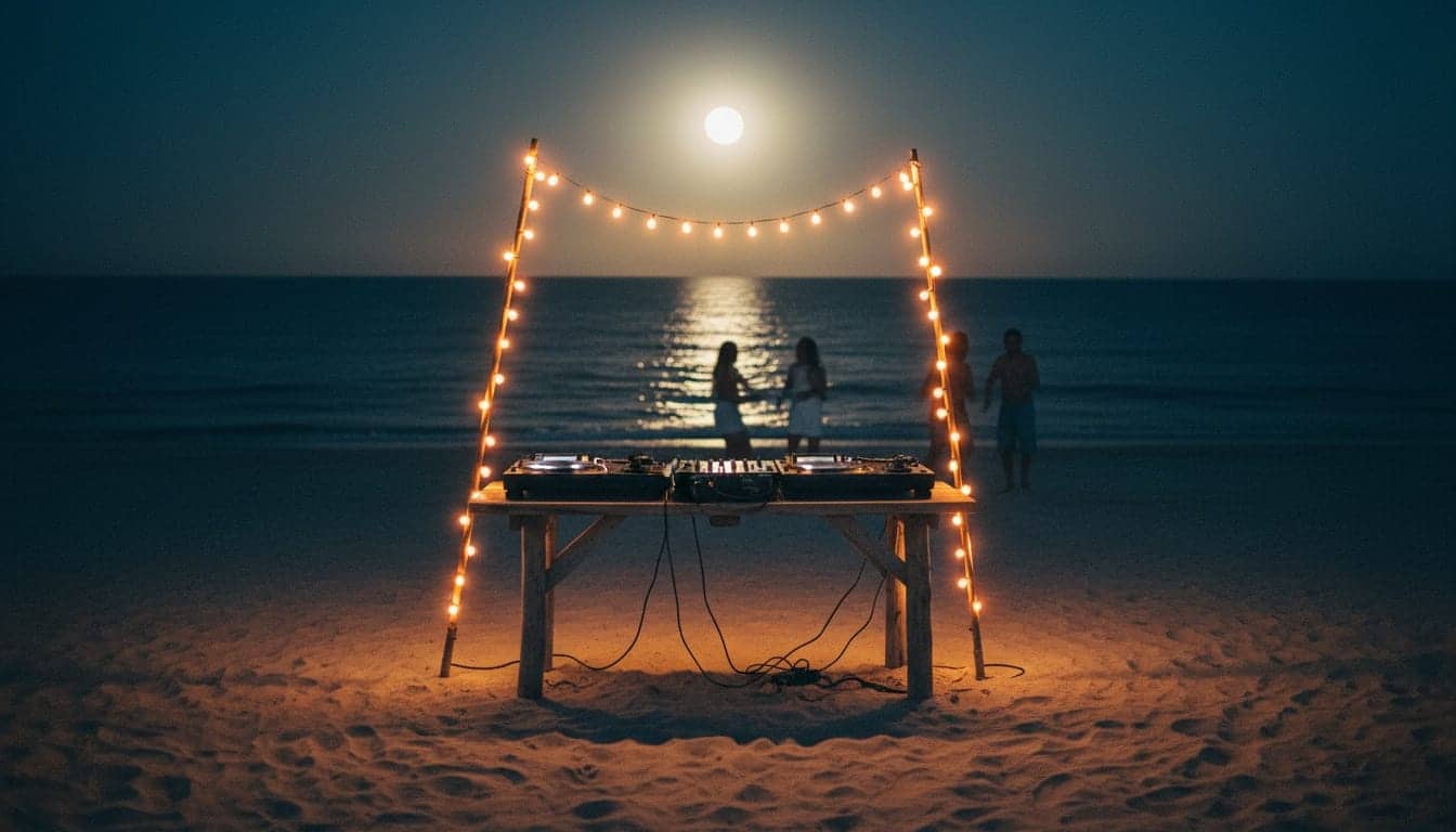 Platines et table de mixage installées sur une plage la nuit, sous la pleine lune, silhouettes de danseurs au loin