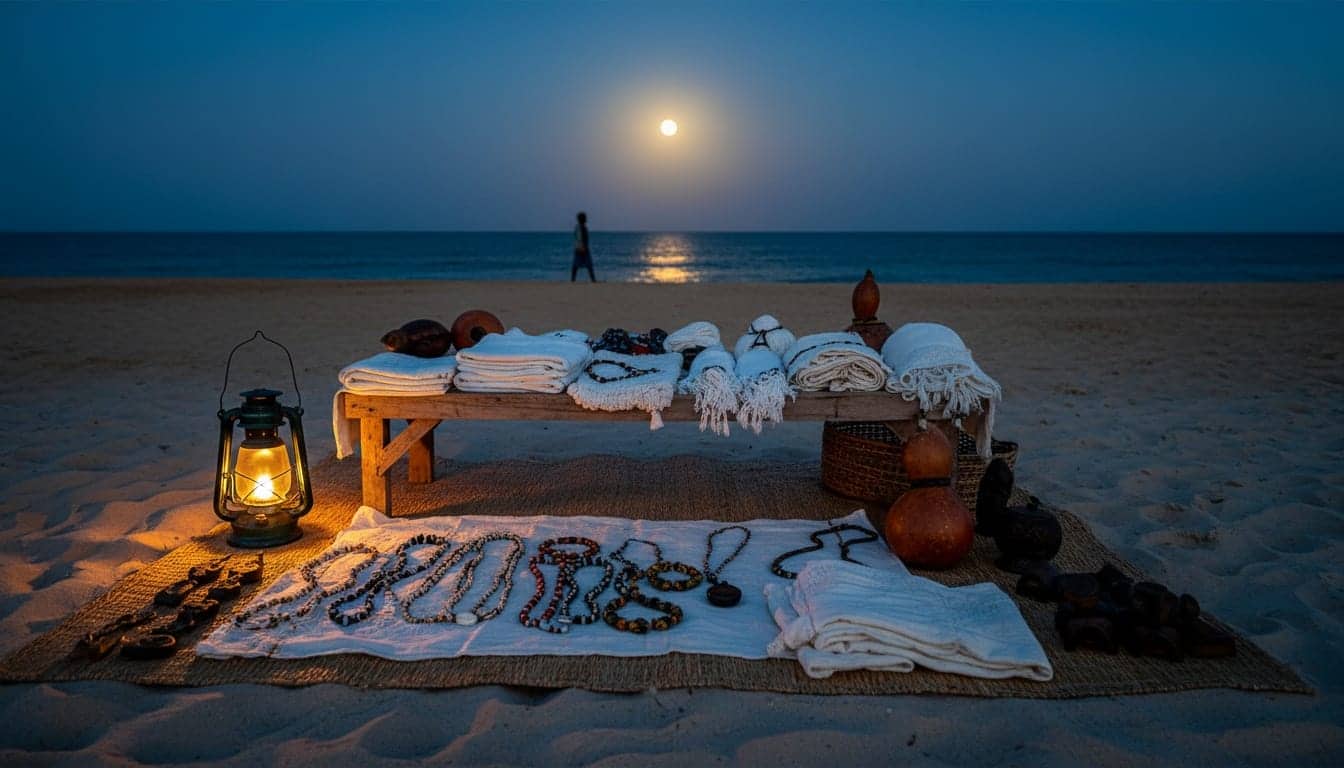 Étal d’artisanat au crépuscule sur le sable : tissus blancs pliés, colliers de perles et de cauris, calebasses et objets de bois.