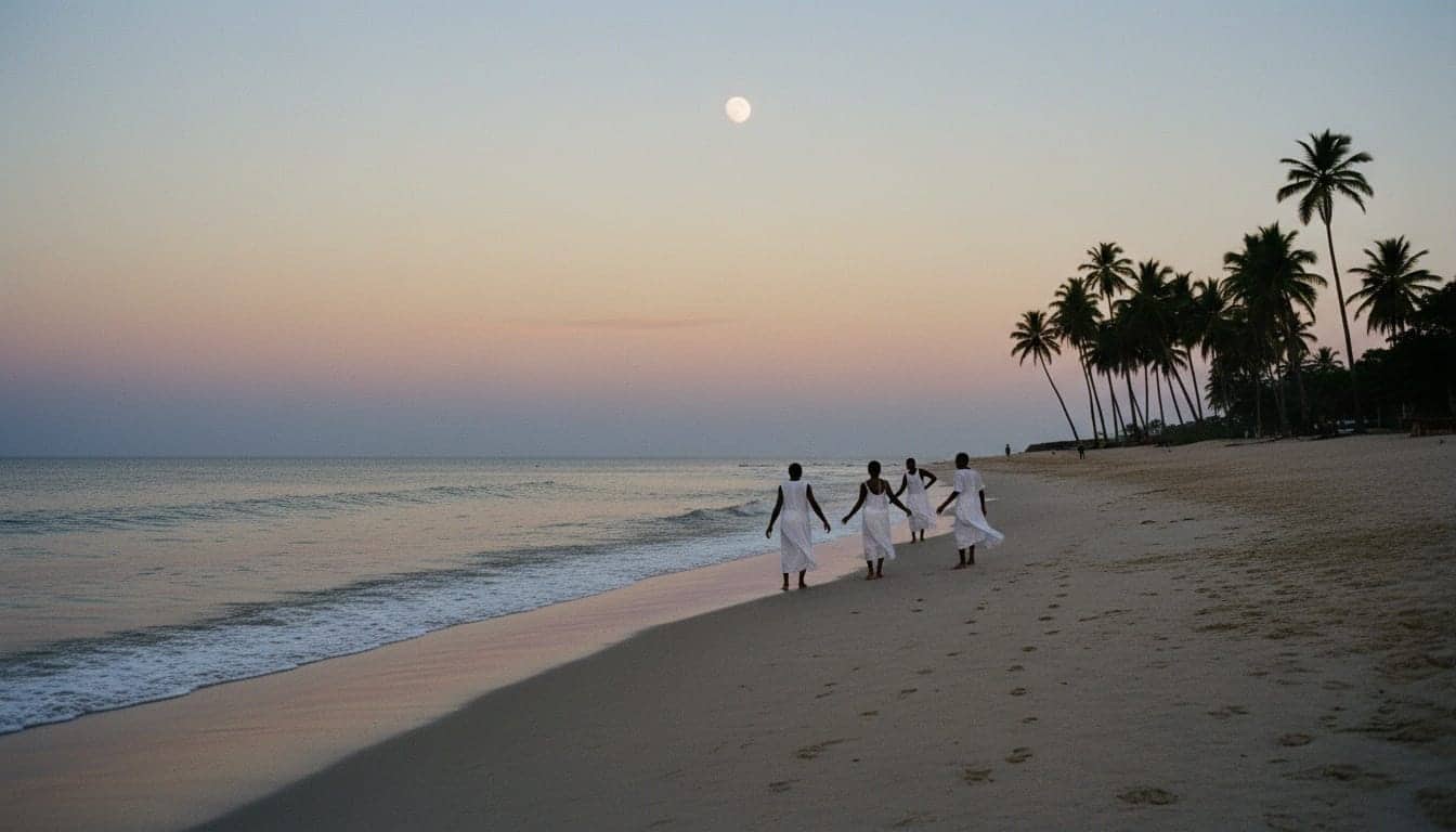 Plage au crépuscule, silhouettes en blanc dansant de dos face à l'océan, lune levée au-dessus des palmiers