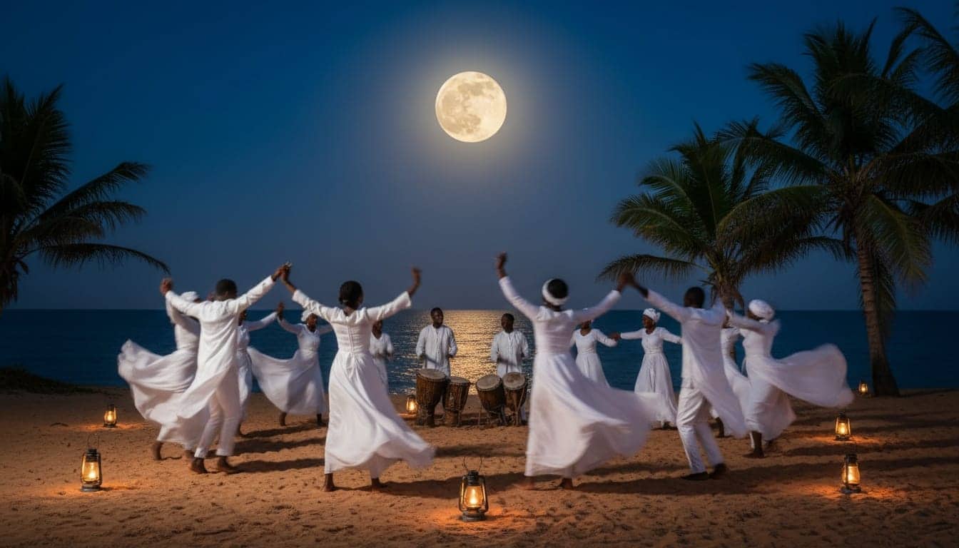 Un cercle de danseuses et de danseurs vêtus de blanc, en mouvement autour de percussionnistes, sur une plage de Casamance sous la pleine lune