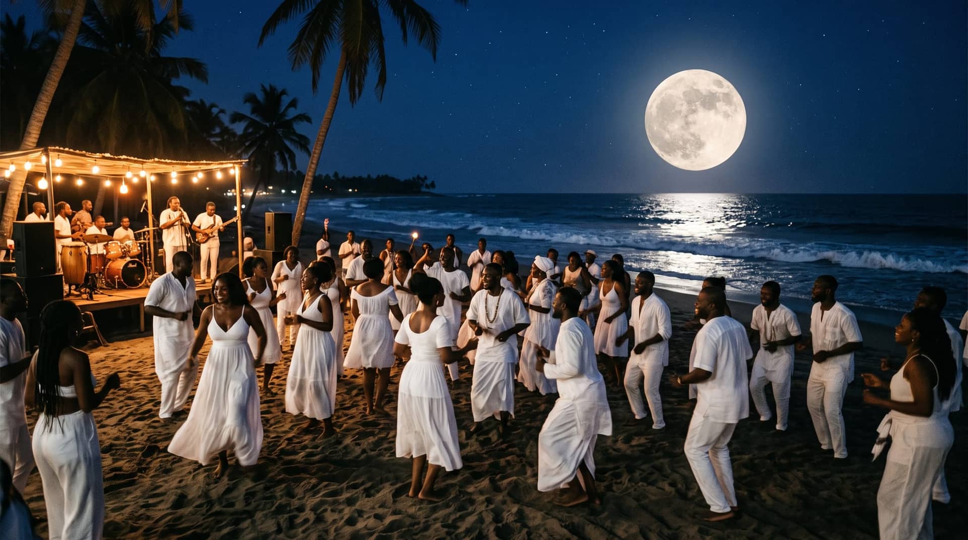 Pleine lune au-dessus de l'océan, plage de sable clair et palmiers en silhouette