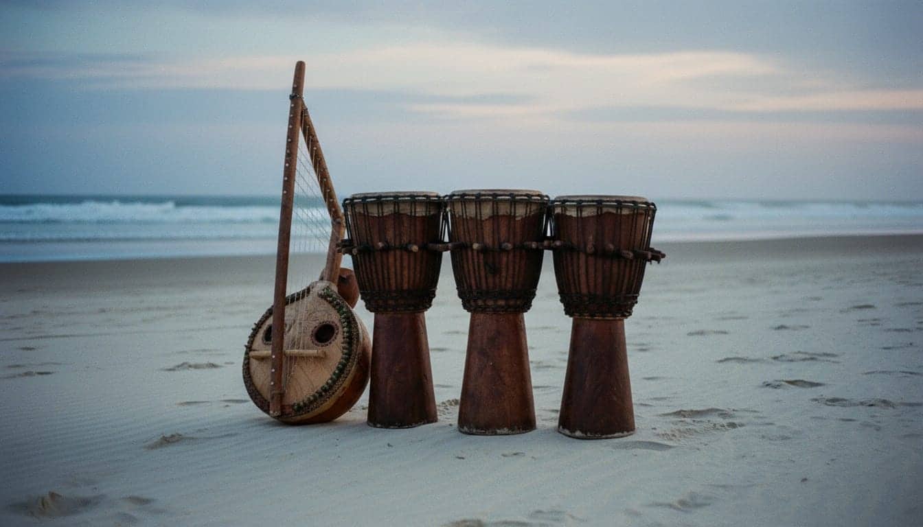 Tambours en bois à peau tendue et une kora posés sur le sable d'une plage de Casamance au crépuscule