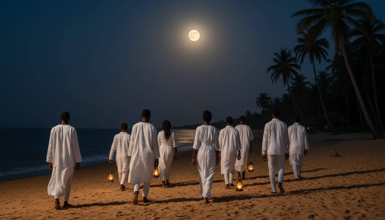 Groupe vêtu de blanc vu de dos marchant sur le sable ocre vers l’océan, sous une pleine lune haute.