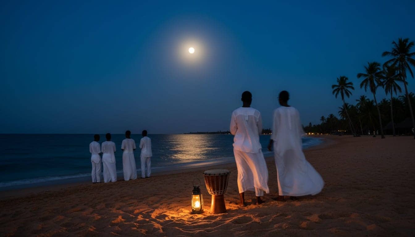 Un tambour posé sur le sable devant une assemblée vêtue de blanc, de dos, sur une plage de Casamance sous la pleine lune.