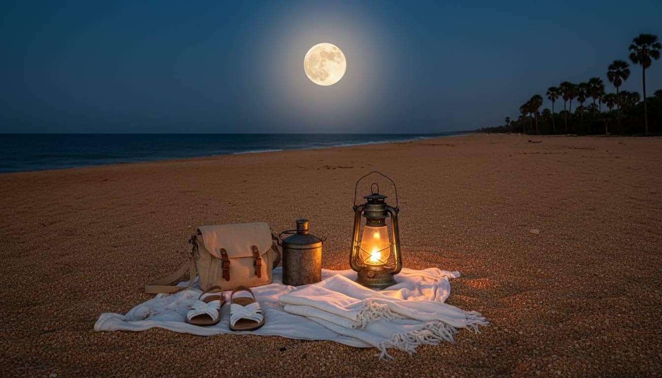 Besace de toile écrue, sandales plates, châle blanc plié, gourde et lanterne allumée posés sur un tissu blanc, sur le sable d’une plage déserte, sous la pleine lune.
