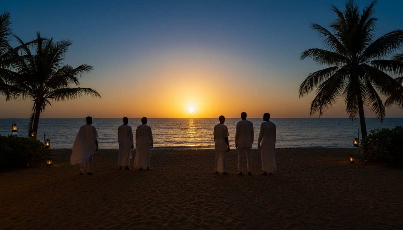 Groupe vêtu de blanc, vu de dos sur le sable ocre, face au soleil qui touche l’horizon de l’Atlantique.