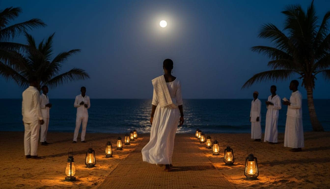 Allée de sable bordée de lanternes sur une plage de Casamance, une silhouette en tenue blanche de dos, pleine lune haute au-dessus de l’Atlantique.