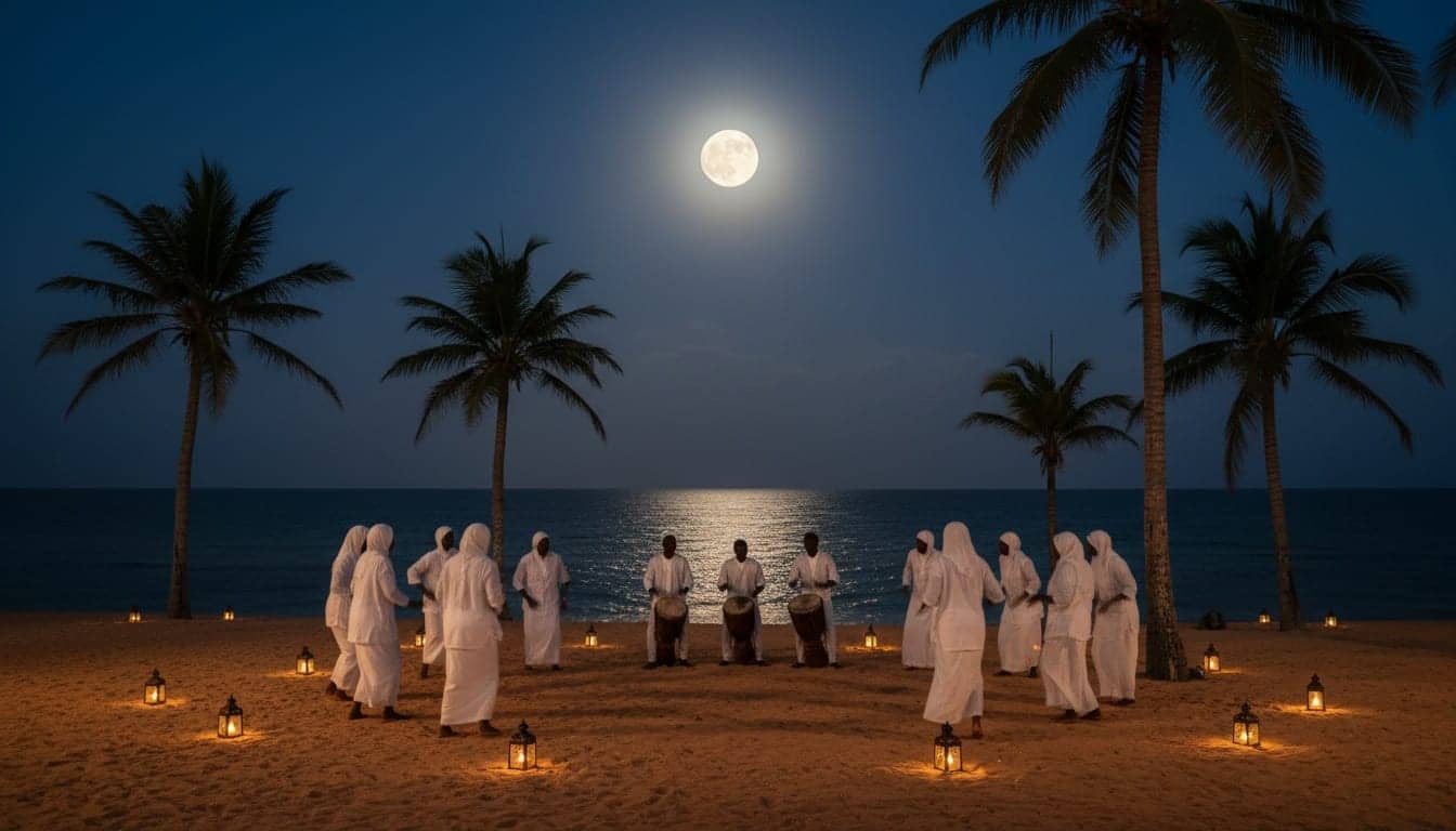 Un cercle de danseurs en blanc, vus de dos, autour de percussionnistes debout sur une plage de Casamance éclairée par la pleine lune.
