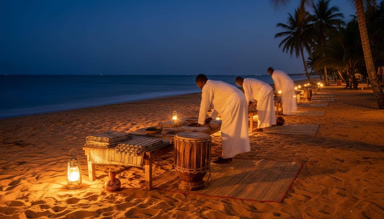 Tables de bois et nattes garnies de tissus tissés, d’un tambour et de calebasses sur le sable d’une plage de Casamance à la tombée du jour, des silhouettes en blanc aux étals.