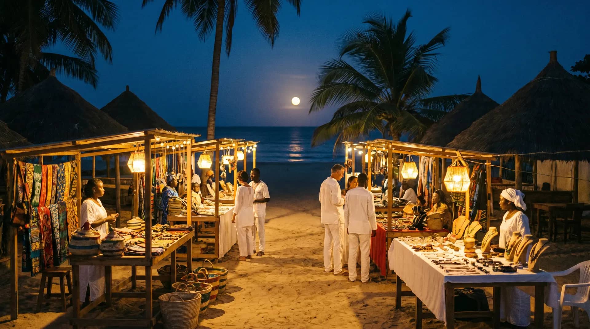 Village de créateurs sur la plage de Cap Skirring, étals éclairés aux lanternes sous la pleine lune