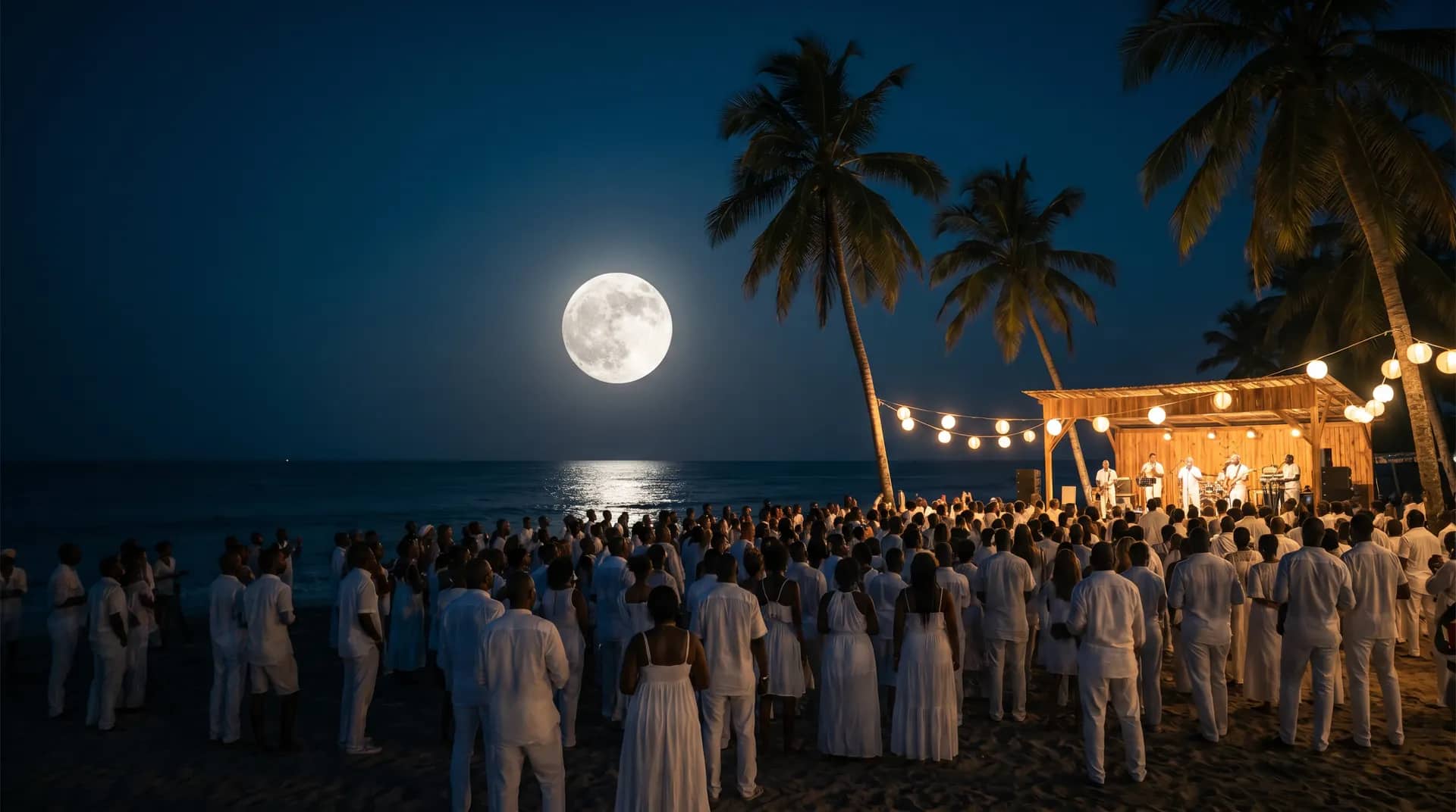 Large foule en tenue blanche rassemblée sur la plage face à la scène, sous une pleine lune éclatante