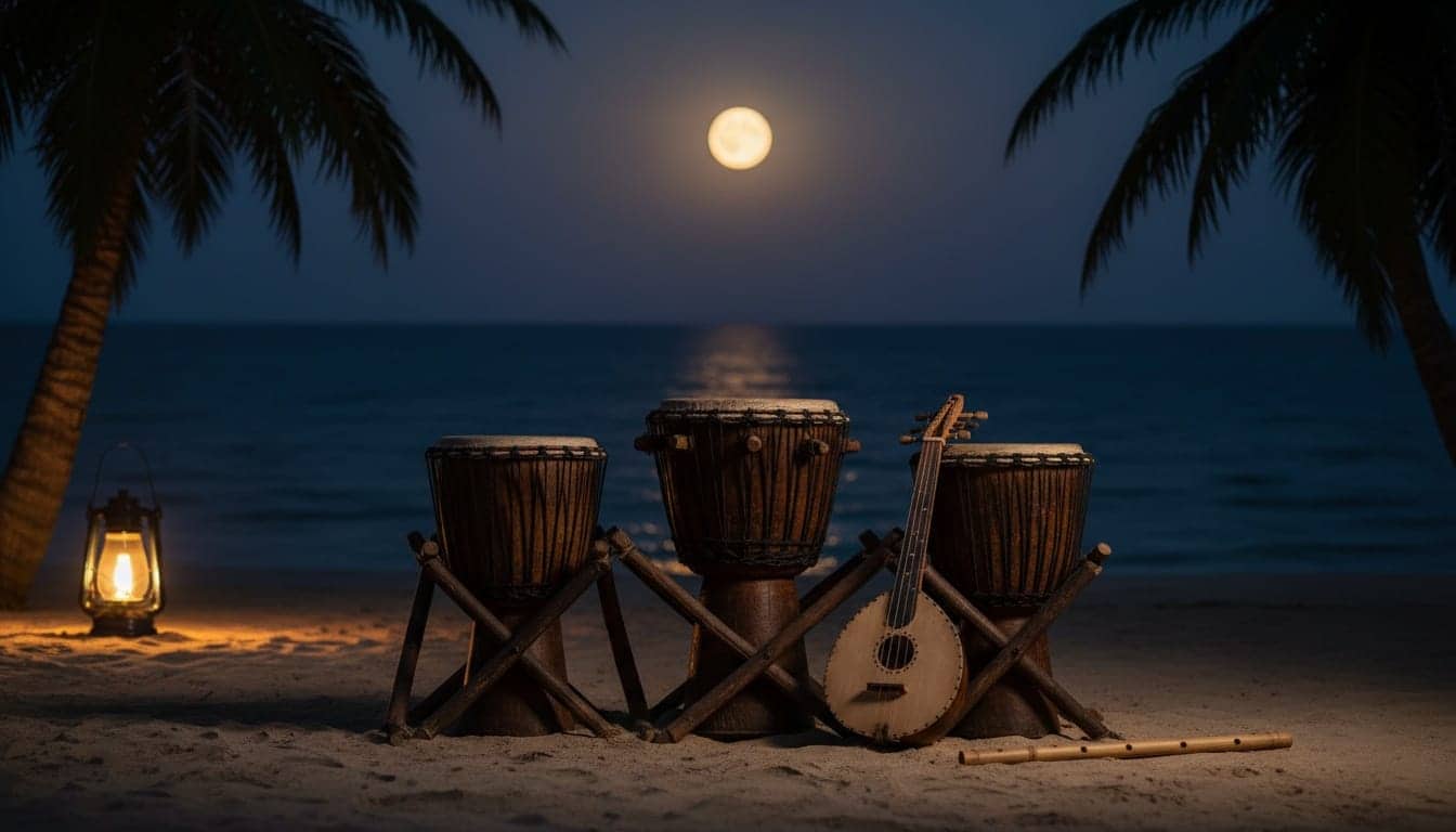 Trois bougarabous, un ékonting et une flûte de bambou posés sur le sable d'une plage de Casamance, sous la pleine lune.