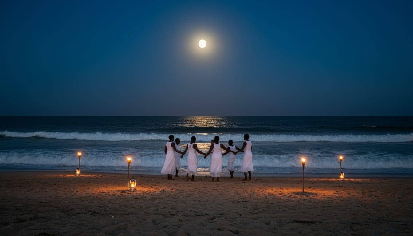 Une assemblée vêtue de blanc danse de dos sur une plage de Casamance sous la pleine lune.