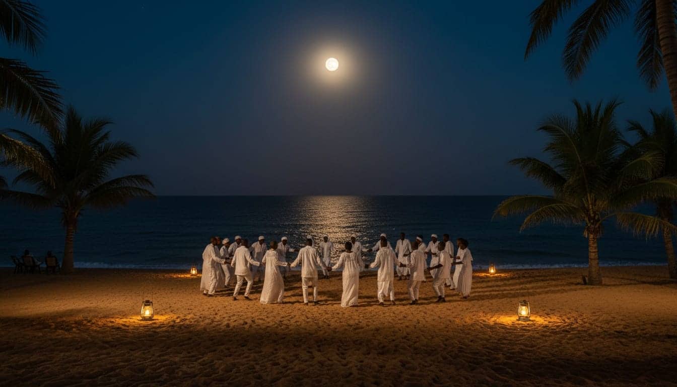 Une assemblée vêtue de blanc danse en cercle, de dos, sur une plage de Casamance sous la pleine lune.