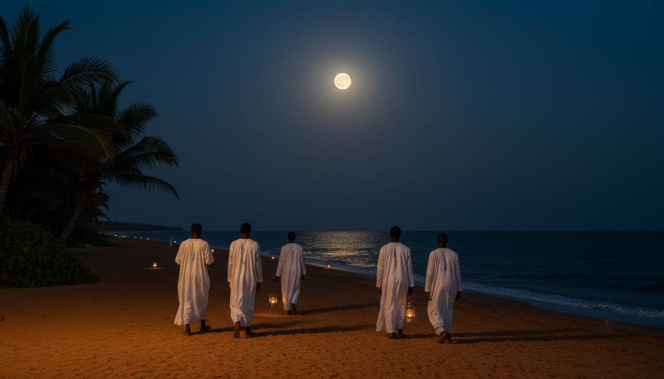 Petit groupe vêtu de blanc marchant de dos sur le sable ocre vers l’océan sombre, sous une pleine lune ronde.