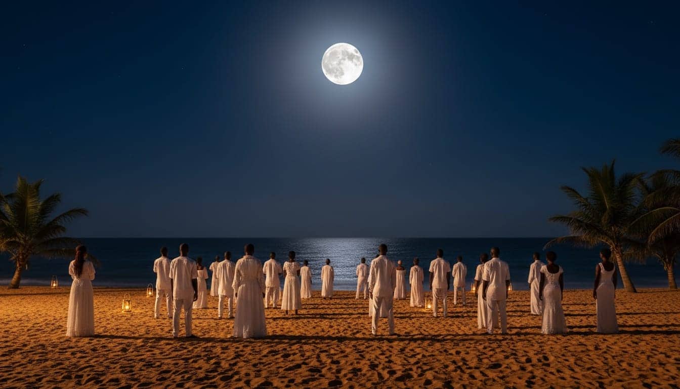 Une assemblée vêtue de blanc, vue de dos, face à l’océan sous une pleine lune haute, sur une plage de Casamance.