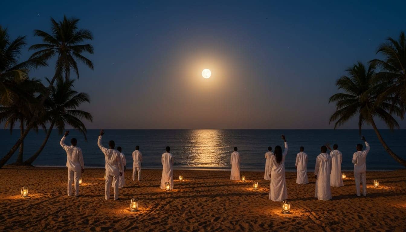 Une assemblée vêtue de blanc, vue de dos, chante face à l’océan sur une plage de Casamance sous la pleine lune.