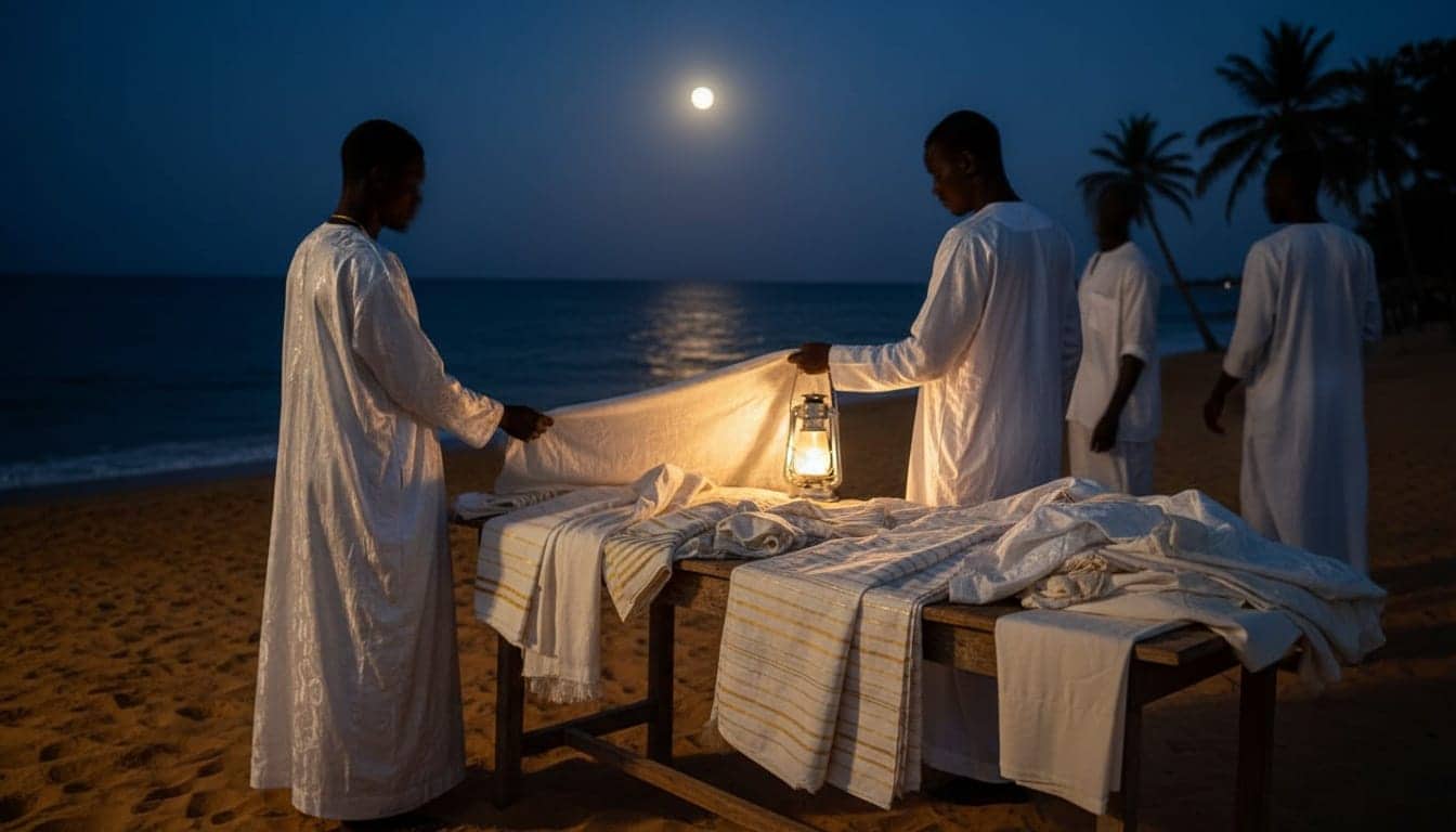Étoffes de bazin damassé et de bandes tissées manjak drapées sur une table de bois, éclairées à la lanterne sur une plage de Casamance, sous la pleine lune